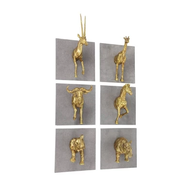 Set Of 6 Polystone Safari Animals Wall Decors Gold - Olivia & May 3 Set Of 6 Polystone Safari Animals Wall Decors Gold - Olivia & May