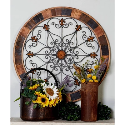 Wood Scroll Arabesque Wall Decor With Metal Fleur De Lis Relief Brown - Olivia & May 4 Wood Scroll Arabesque Wall Decor With Metal Fleur De Lis Relief Brown - Olivia & May - Image 2
