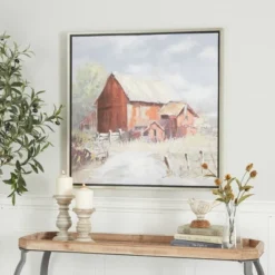 Canvas Landscape Barn Framed Wall Art With Silver Frame Multi Colored - Olivia & May