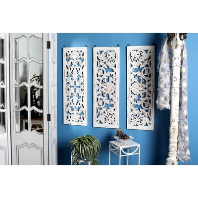 Wood Floral Handmade Intricately Carved Wall Decor Set Of 3 White - Olivia & May 12 Wood Floral Handmade Intricately Carved Wall Decor Set Of 3 White - Olivia & May - Image 10
