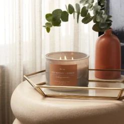 14oz Lidded Gray Glass Jar Crackling Wooden 3-Wick Candle With Paper Label Red Mango + Amber - Thresholdā¢