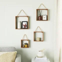 Farmlyn Creek Set Of 4 Square Wall Hanging Shelves, Rustic Wooden Cube Shelf With Rope, Brown, 4 Sizes