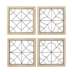 Set Of 4 Wood Geometric Carved Beading Wall Decors With Metal Wire Brown - Olivia & May