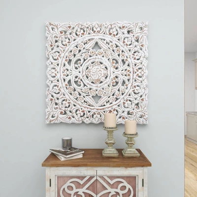 Wood Floral Handmade Intricately Carved Wall Decor With Mandala Design Gray - Olivia & May 13 Wood Floral Handmade Intricately Carved Wall Decor With Mandala Design Gray - Olivia & May - Image 11