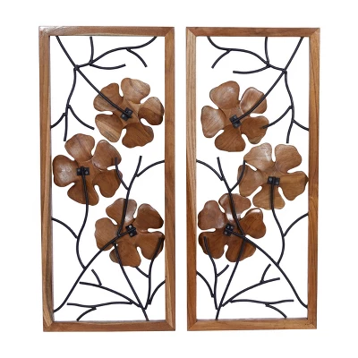 Set Of 2 Teak Wood Floral Handmade Framed Carved Wall Decors With Metal Wire Brown - Olivia & May 4 Set Of 2 Teak Wood Floral Handmade Framed Carved Wall Decors With Metal Wire Brown - Olivia & May - Image 2