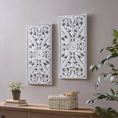 (Set Of 2) 15.5" X 31.5" Botanical Wood Carved Wall Panel White 5 (Set Of 2) 15.5" X 31.5" Botanical Wood Carved Wall Panel White - Image 3