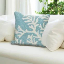 18"x18" Front Porch Coral Print Indoor/Outdoor Square Throw Pillow Aqua - Liora Manne
