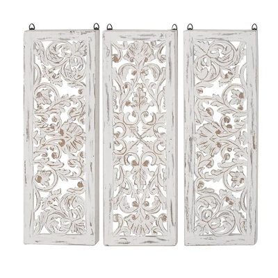 Wood Floral Handmade Intricately Carved Wall Decor Set Of 3 White - Olivia & May 5 Wood Floral Handmade Intricately Carved Wall Decor Set Of 3 White - Olivia & May - Image 3