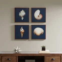 (Set Of 4) 12" Square Ocean Seashells Framed Canvas Decorative Wall Art Set Blue