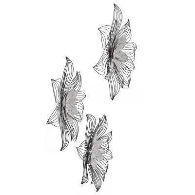 Set Of 3 Collection Of Floral Blooms Metal Wall Sculpture With Open Wire Petals White/Brown/Black - StyleCrfat 3 Set Of 3 Collection Of Floral Blooms Metal Wall Sculpture With Open Wire Petals White/Brown/Black - StyleCrfat