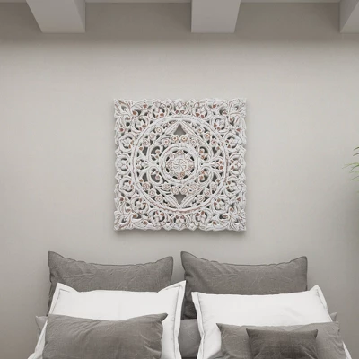 Wood Floral Handmade Intricately Carved Wall Decor With Mandala Design Gray - Olivia & May 14 Wood Floral Handmade Intricately Carved Wall Decor With Mandala Design Gray - Olivia & May - Image 12