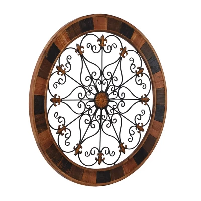 Wood Scroll Arabesque Wall Decor With Metal Fleur De Lis Relief Brown - Olivia & May 8 Wood Scroll Arabesque Wall Decor With Metal Fleur De Lis Relief Brown - Olivia & May - Image 6
