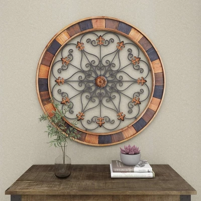 Wood Scroll Arabesque Wall Decor With Metal Fleur De Lis Relief Brown - Olivia & May 13 Wood Scroll Arabesque Wall Decor With Metal Fleur De Lis Relief Brown - Olivia & May - Image 11