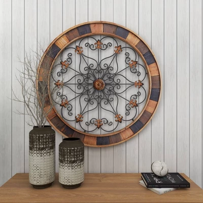Wood Scroll Arabesque Wall Decor With Metal Fleur De Lis Relief Brown - Olivia & May 11 Wood Scroll Arabesque Wall Decor With Metal Fleur De Lis Relief Brown - Olivia & May - Image 9