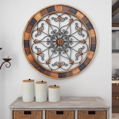 Wood Scroll Arabesque Wall Decor With Metal Fleur De Lis Relief Brown - Olivia & May 10 Wood Scroll Arabesque Wall Decor With Metal Fleur De Lis Relief Brown - Olivia & May - Image 8