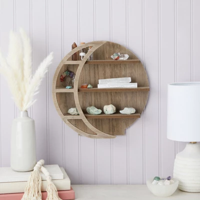 Brown Wooden Moon Shelf, Rustic Wall Home Decor, Crystal Holder For Stones Display And Essential Oils (12 X 12 X 3 In) 3 Brown Wooden Moon Shelf, Rustic Wall Home Decor, Crystal Holder For Stones Display And Essential Oils (12 X 12 X 3 In)