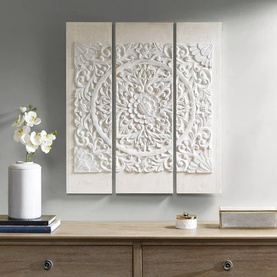 (Set Of 3) 35.5" Height Wooden Mandala 3D Embellished Canvas Decorative Wall Art Set White 3 (Set Of 3) 35.5" Height Wooden Mandala 3D Embellished Canvas Decorative Wall Art Set White