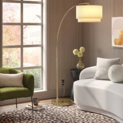 Knurled Metal Arc Floor Lamp With Tiered Shade Brass - Thresholdâ˘