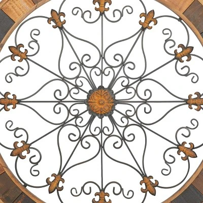 Wood Scroll Arabesque Wall Decor With Metal Fleur De Lis Relief Brown - Olivia & May 6 Wood Scroll Arabesque Wall Decor With Metal Fleur De Lis Relief Brown - Olivia & May - Image 4
