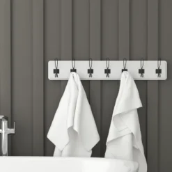 Merrick Lane 34 Inch Wall Mount Solid White Pine Wood Storage Rack With Hanging Hooks, Entryway, Kitchen, Bathroom -Safavieh Store GUEST dfa5ddaa bee4 45ab 8b3e 8f2b3a03a407