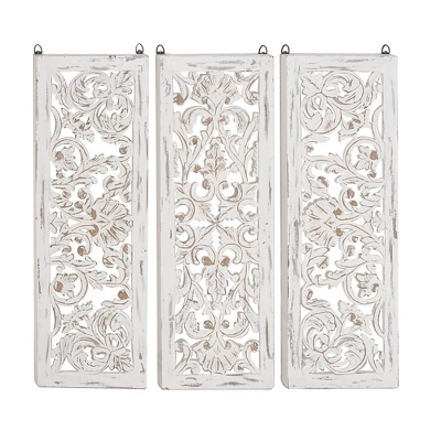 Wood Floral Handmade Intricately Carved Wall Decor Set Of 3 White - Olivia & May 6 Wood Floral Handmade Intricately Carved Wall Decor Set Of 3 White - Olivia & May - Image 4