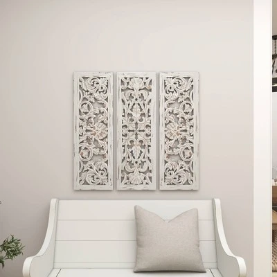Wood Floral Handmade Intricately Carved Wall Decor Set Of 3 White - Olivia & May 7 Wood Floral Handmade Intricately Carved Wall Decor Set Of 3 White - Olivia & May - Image 5
