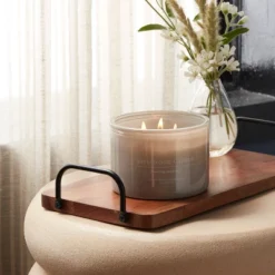 14oz Lidded Gray Glass Jar Crackling Wooden 3-Wick Candle With Clear Label Applewood + Amber - Thresholdā¢