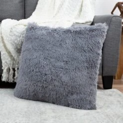 Hastings Home 24" Faux Fur Shag Pillow - Gray
